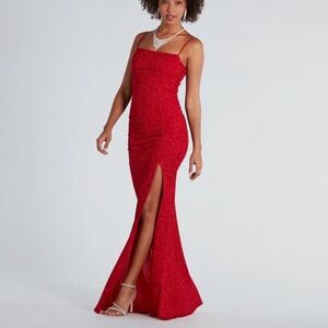 Ruched Glitter Knit Mermaid Dress